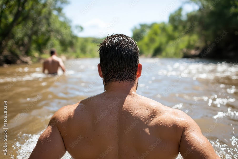 Relaxing summer day by the river with friends enjoying the sun and water in a serene natural setting Relaxing summer day by the river with friends enjoying the sun and water in a serene natural setting