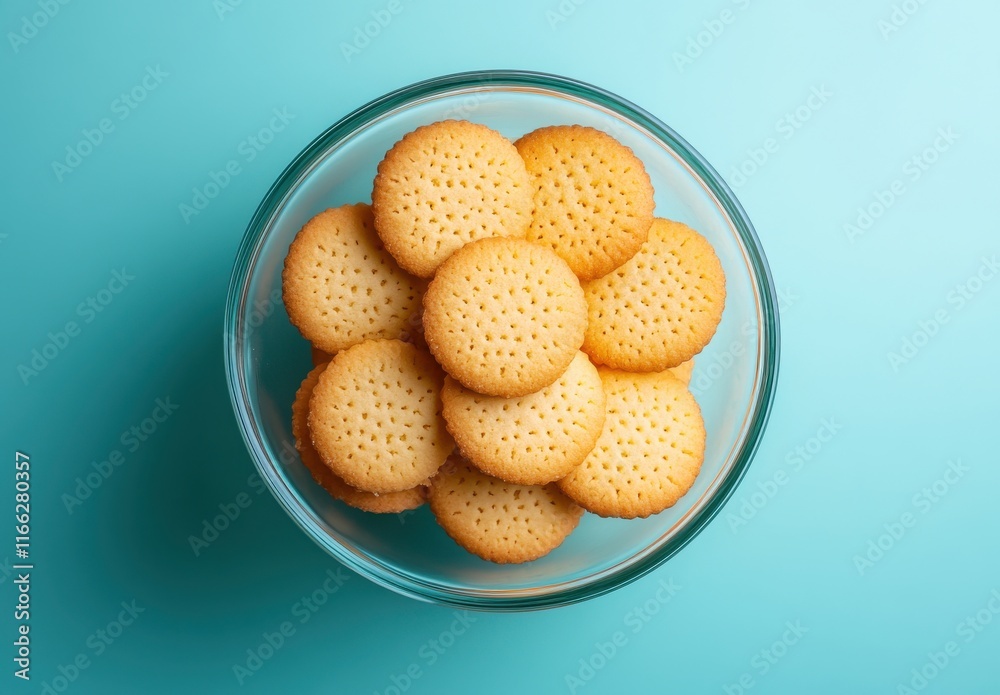 Freshly Baked Round Cookies in a Clear Glass Bowl on a Smooth Blue Surface, Perfect for Displaying Homemade Treats or Snacking Inspiration Freshly Baked Round Cookies in a Clear Glass Bowl on a Smooth Blue Surface, Perfect for Displaying Homemade Treats or Snacking Inspiration