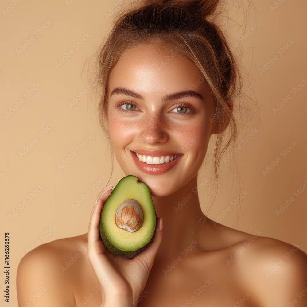 Woman Holding Avocado Half, Healthy Beauty Portrait Woman Holding Avocado Half, Healthy Beauty Portrait