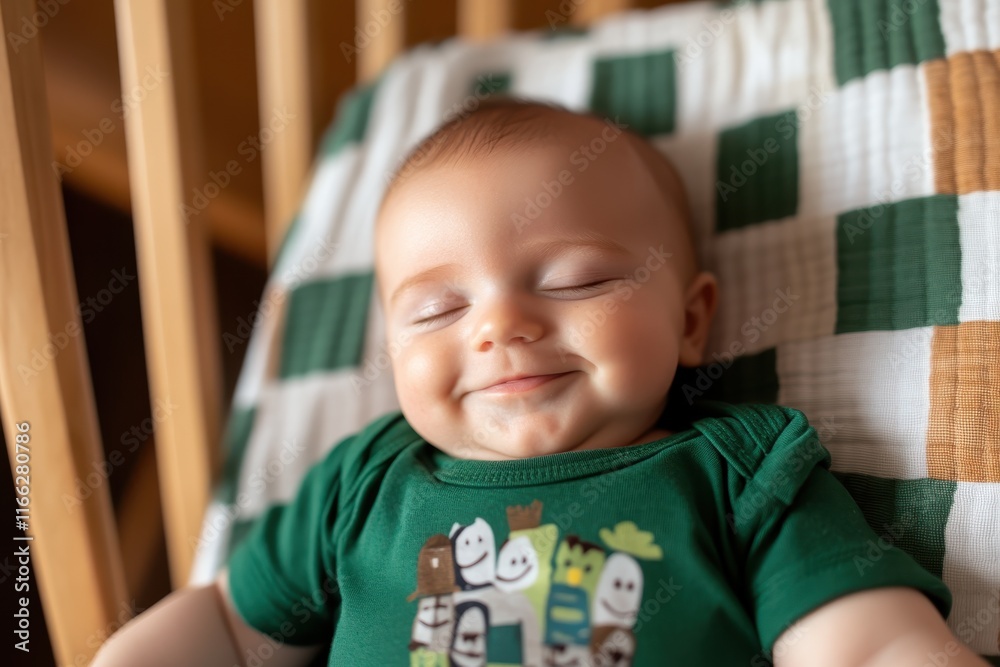 Baby joyfully smiling in a cozy wooden crib bathed in soft sunlight Baby joyfully smiling in a cozy wooden crib bathed in soft sunlight