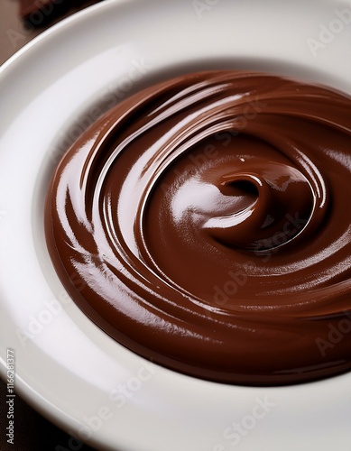Swirled rich chocolate ganache in a white bowl.