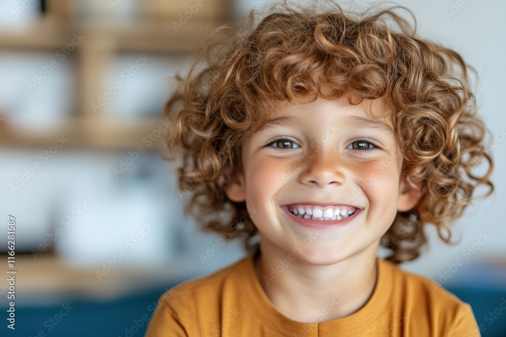 Joyful boy with curly hair smiling warmly in a cozy indoor setting during a sunny afternoon Joyful boy with curly hair smiling warmly in a cozy indoor setting during a sunny afternoon