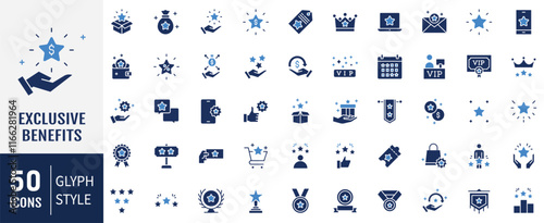 Exclusive Benefits Falt Icons set. Prize, reward, achievement, incentive, vip and more. Vector Illustration