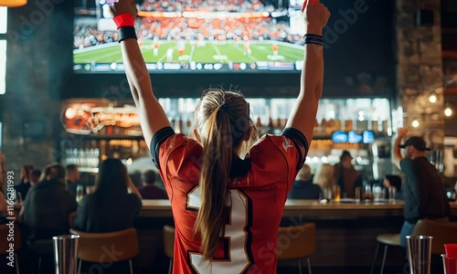 A fan celebrating a game while watching on a large screen in a bar.