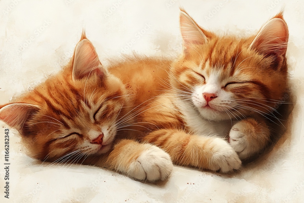 Two sleeping orange kittens cuddled together in a cozy setting. Two sleeping orange kittens cuddled together in a cozy setting.