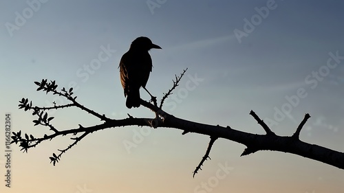 A card with a minimalist silhouette of a bird perched on a branch against a gradient sky photo