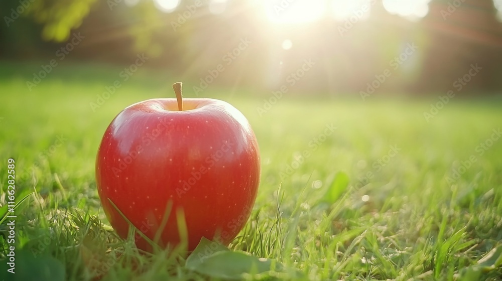 Fresh Red Apple in Natural Sunlight on Green Grass Fresh Red Apple in Natural Sunlight on Green Grass