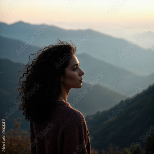 a person with curly hair, wearing a brown sweater, standing in front of a scenic mountain range during sunset or sunrise. The background features layers of mountains with the sky trans photo