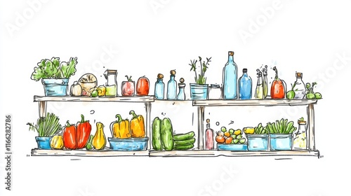 Colorful hand-drawn vegetable display on wooden shelves with jars, bottles, and fresh produce arrangement
