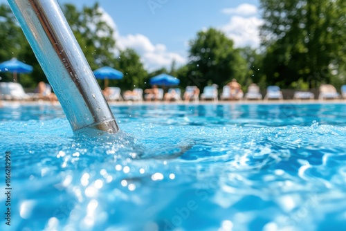 Refreshing summer vibes by the sparkling pool with lounge chairs and blue skies