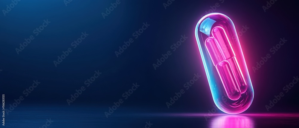 Futuristic glowing capsule with neon light in dark background, representing health and wellness concept Futuristic glowing capsule with neon light in dark background, representing health and wellness concept