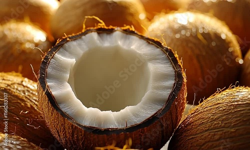 A close-up of a halved coconut surrounded by whole coconuts, showcasing its inner texture.