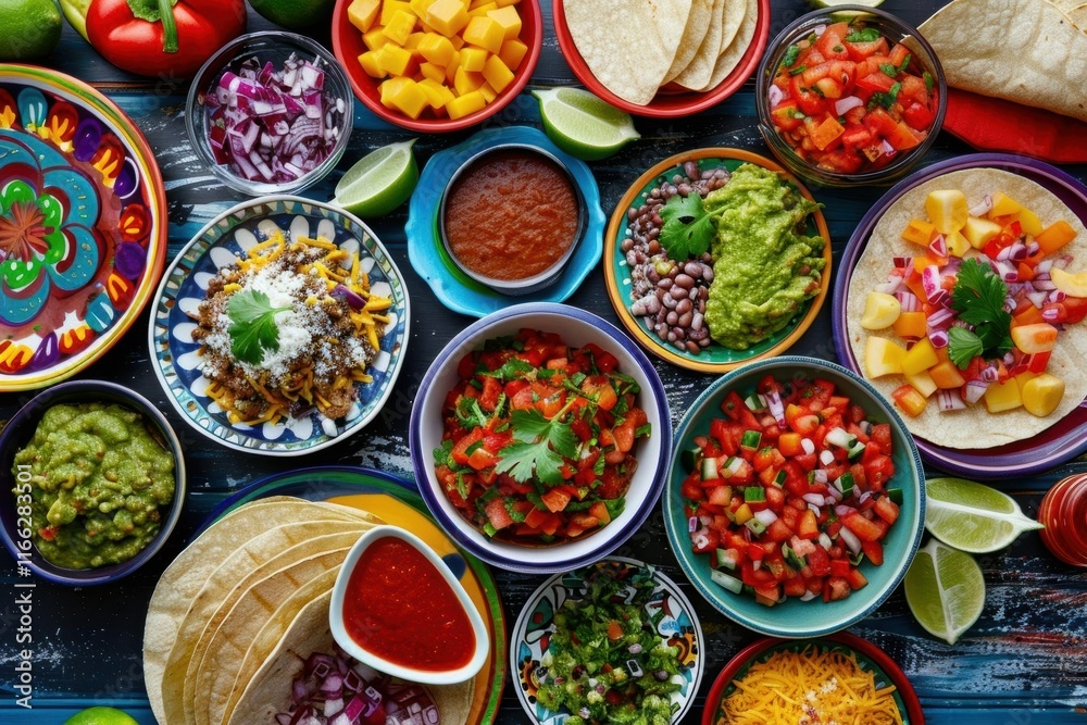 A vibrant spread of taco ingredients and toppings for a festive meal. A vibrant spread of taco ingredients and toppings for a festive meal.