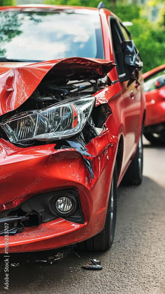 Heavy damage to red cars after collision on a city street during daytime Heavy damage to red cars after collision on a city street during daytime