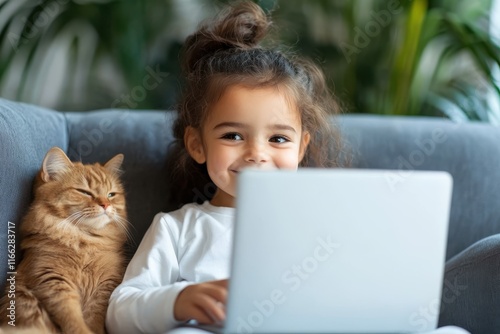 Joyful moments shared between a child and her cat while exploring the digital world together on a cozy sofa