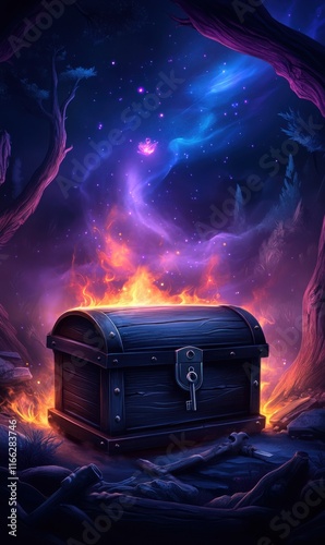 Enchanted Treasure Chest Surrounded by Magical Flames and Starry Night Sky in Mystical Forest Landscape