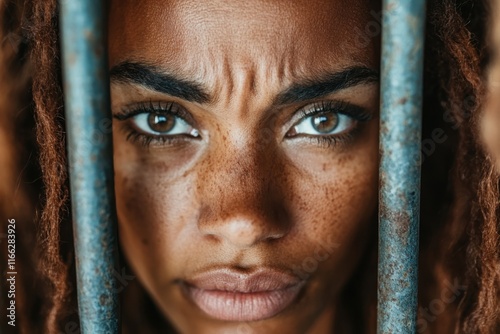 Intense gaze of a woman behind bars in an urban setting expresses strength and resilience in a moment of reflection photo