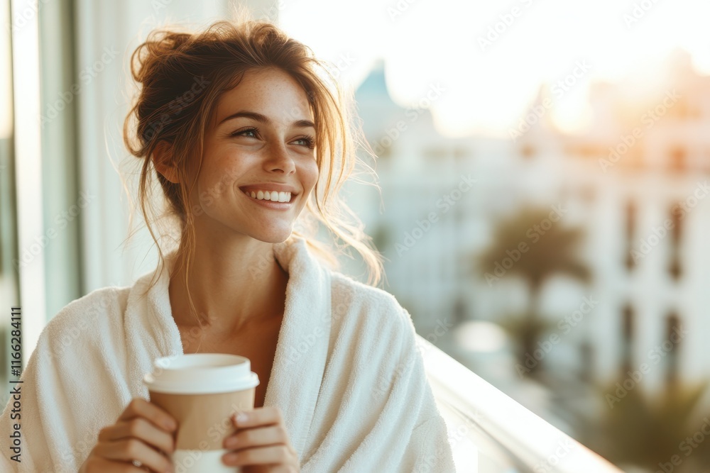 Enjoying a warm beverage while basking in the morning sunlight on a serene balcony Enjoying a warm beverage while basking in the morning sunlight on a serene balcony