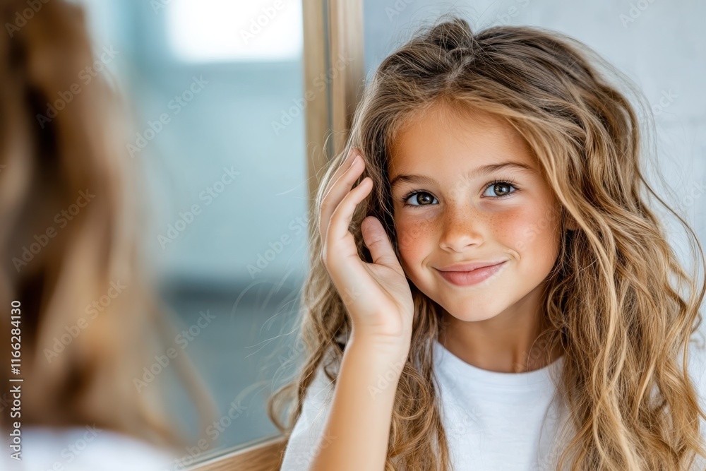 Joyful moment of a young girl admiring herself in the mirror, capturing the essence of youth and self-love in a bright, airy space Joyful moment of a young girl admiring herself in the mirror, capturing the essence of youth and self-love in a bright, airy space