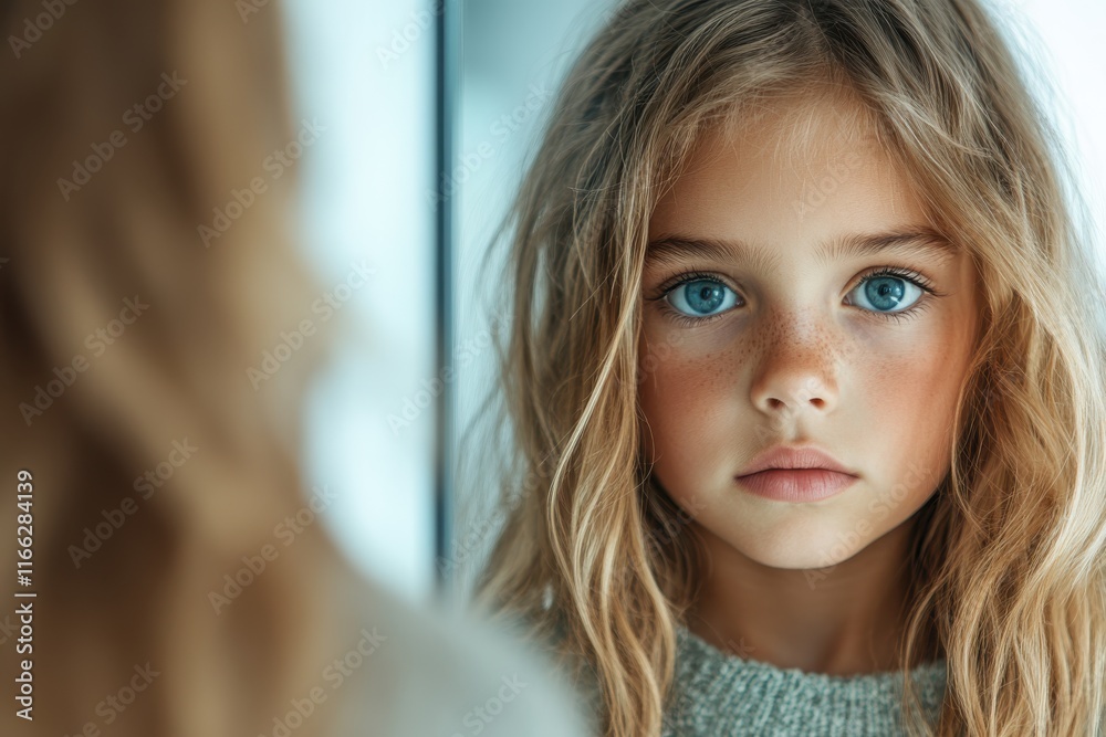 Capturing the innocence of a young girl with stunning blue eyes reflecting in a mirror Capturing the innocence of a young girl with stunning blue eyes reflecting in a mirror