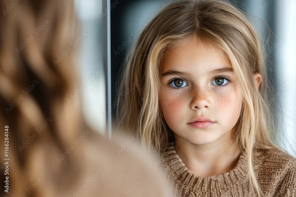 Capturing the contemplative gaze of a young girl in a cozy sweater by a mirror on a sunny afternoon Capturing the contemplative gaze of a young girl in a cozy sweater by a mirror on a sunny afternoon