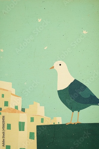 Curious Pigeon Perched on Ledge Against a Soft Green Background in an Urban Setting photo