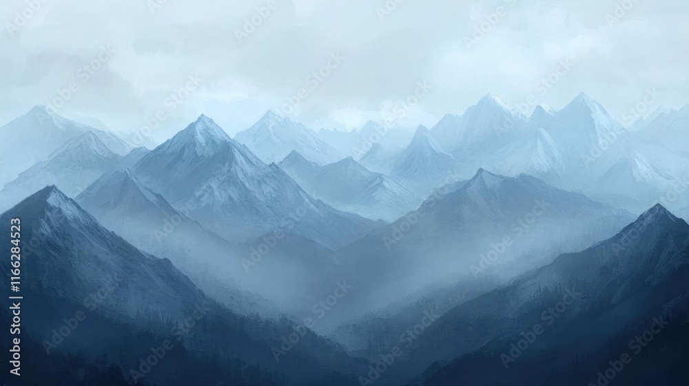 Serene mountain landscape with layered peaks and misty atmosphere. Serene mountain landscape with layered peaks and misty atmosphere.