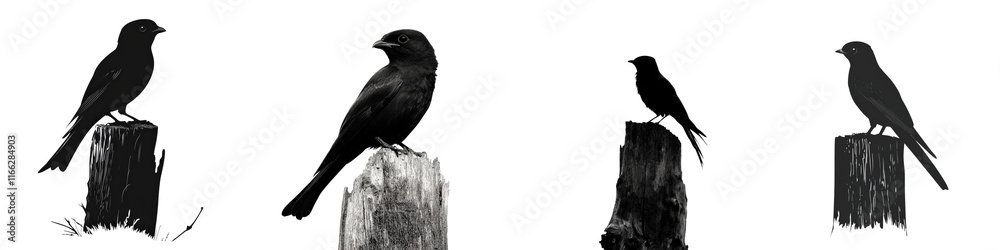 Fototapeta premium Black birds perched on wooden stumps against a soft background showcasing their elegant poses and features in nature