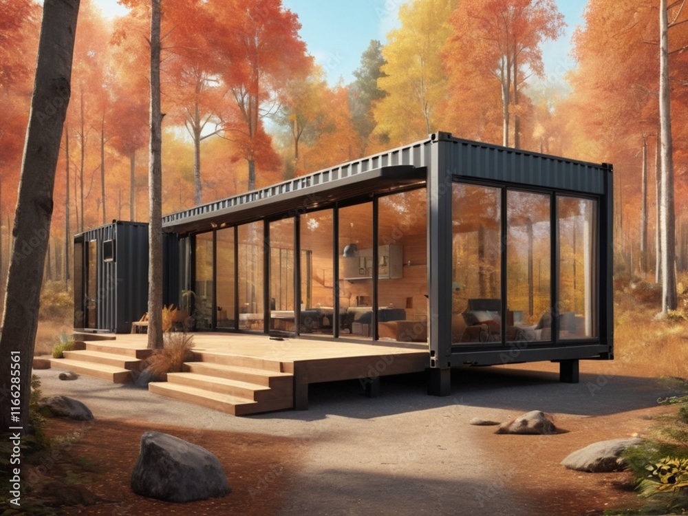Fototapeta premium A container home with floor to ceiling glass windows in an autumn forest setting