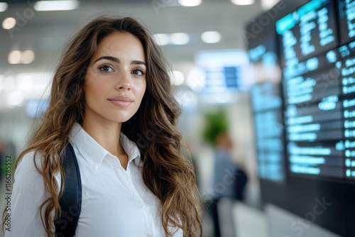 Wallpaper Mural Young woman stands confidently at a bustling airport terminal while observing flight information boards Torontodigital.ca