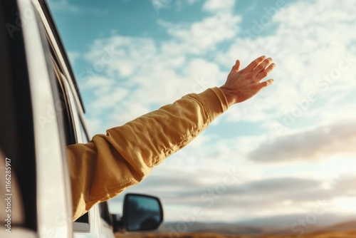 Wallpaper Mural Open road adventure with a hand waving in the warm sunset glow of a picturesque landscape Torontodigital.ca