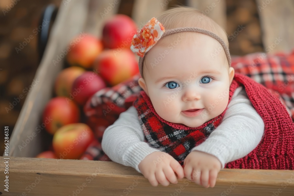 Smiling baby enjoying autumn vibes with fresh apples in a cozy setting Smiling baby enjoying autumn vibes with fresh apples in a cozy setting