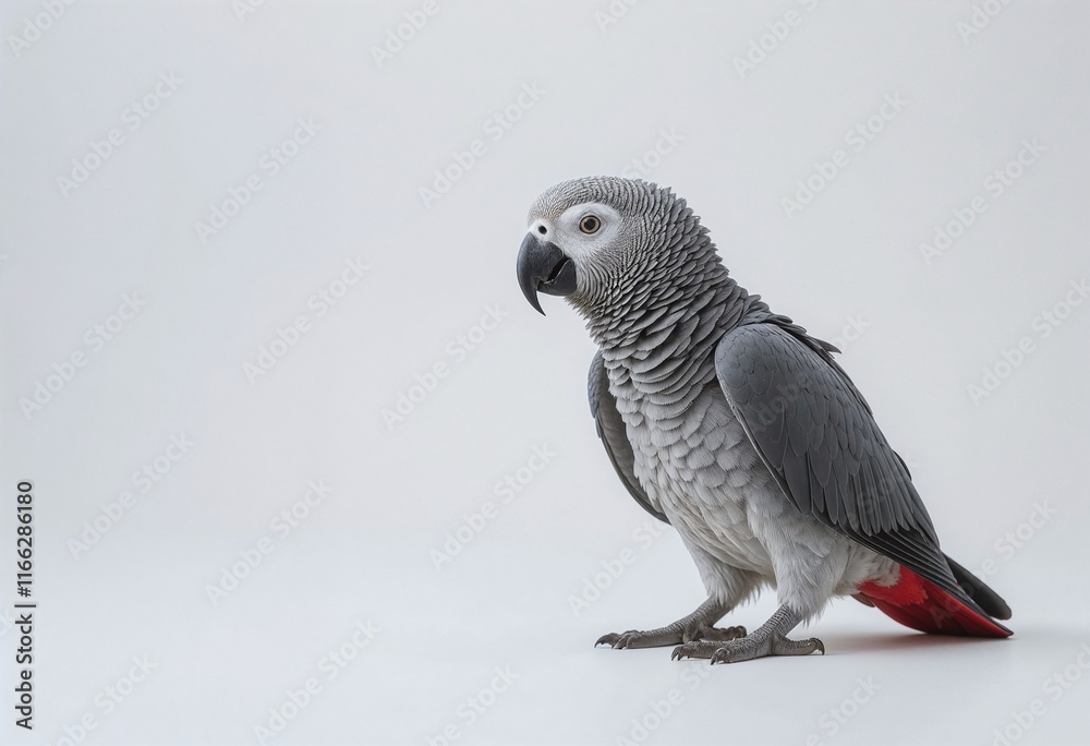 Fototapeta premium A striking African Grey Parrot stands elegantly against a plain white backdrop, showcasing its intricate grey and red plumage.