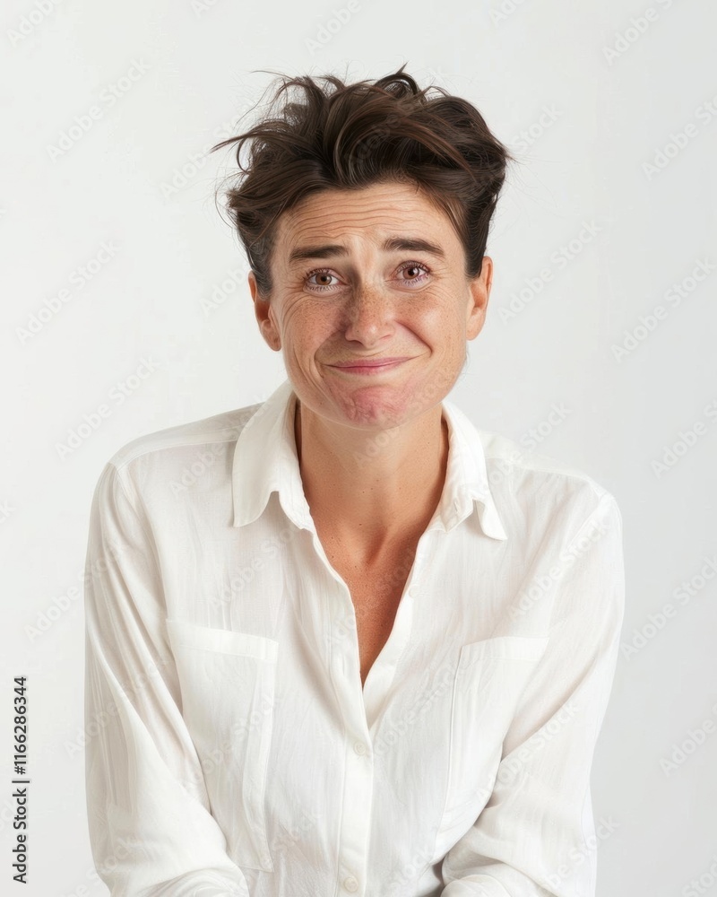 A smiling person with short hair in a white shirt against a plain background. A smiling person with short hair in a white shirt against a plain background.