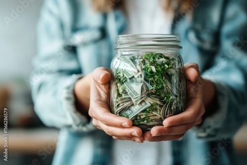 Holding a unique money jar filled with cash and herbs symbolizes financial creativity and sustainable living practices photo