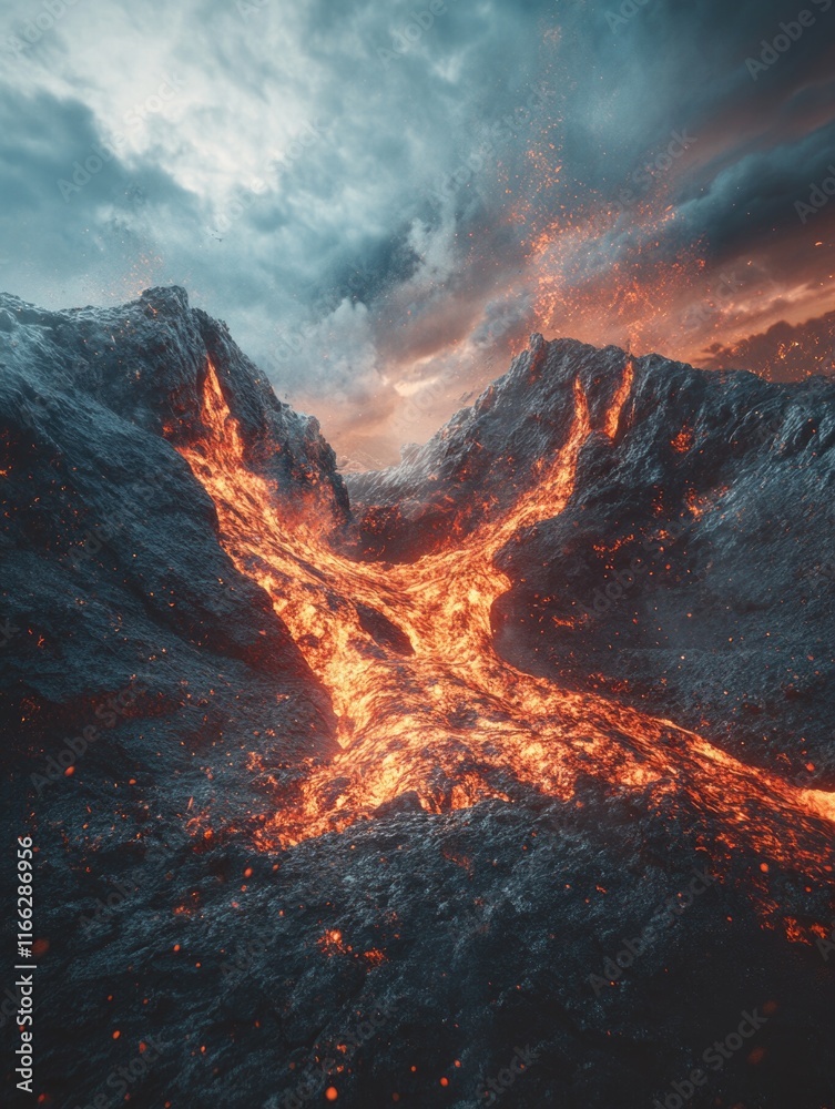 Fototapeta premium Lava-covered mountain at night