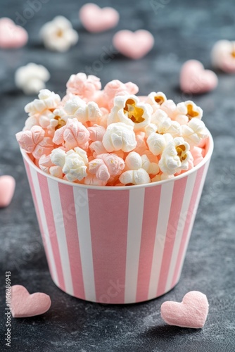 Popcorn Valentine, striped popcorn container, cinema Valentine Day, romantic date, popcorn copy space, romantic popcorn, heart motifs photo