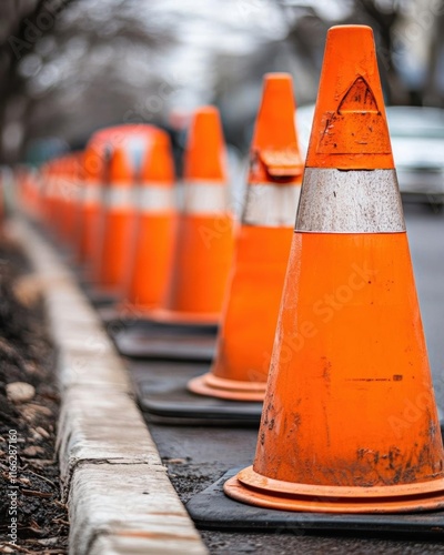 A row of orange traffic cones along a street for safety and guidance.