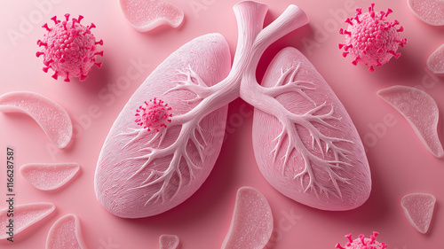 Artistic representation of lungs surrounded by pathogens
