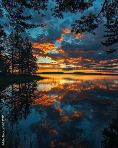 A serene sunset over a lake, reflecting vibrant colors and trees.