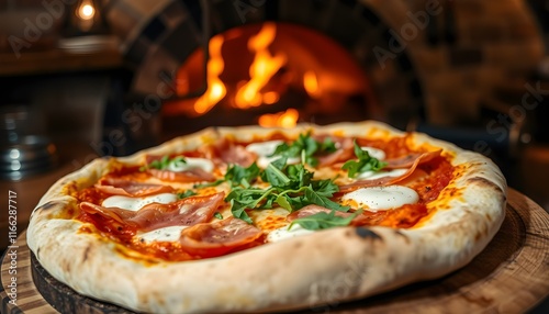 Wallpaper Mural Neapolitan pizza, wood-fired oven, rustic setting, brick oven, flame background, crispy crust, melted mozzarella, fresh basil leaves, vibrant tomato sauce, artisanal, authentic Italian cuisine Torontodigital.ca