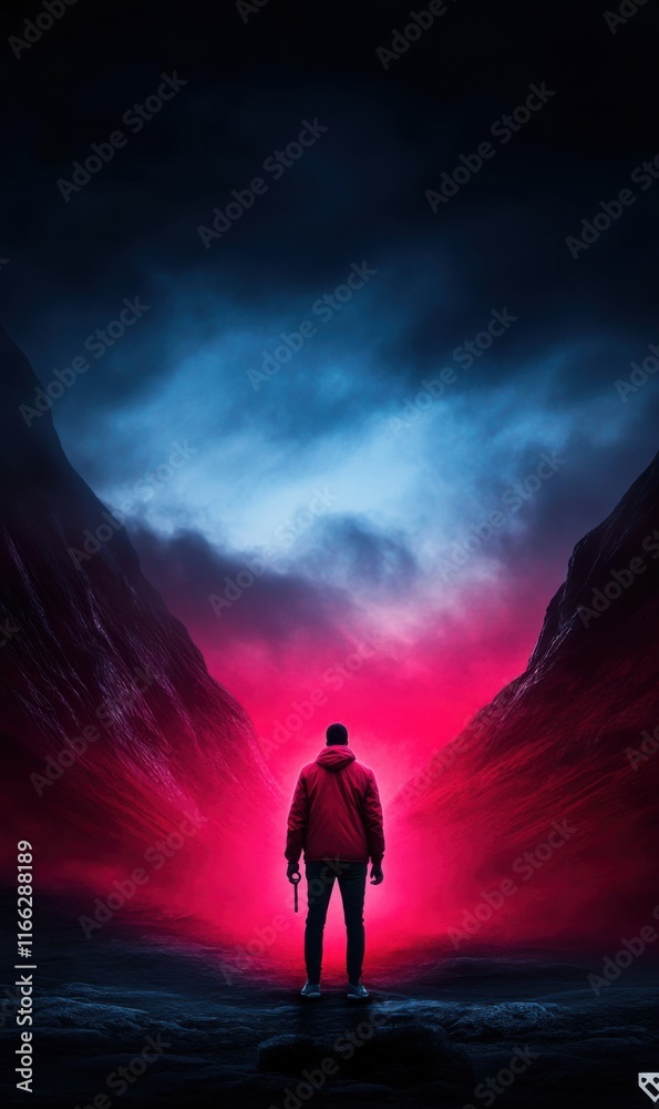Person in Red Jacket Stands Between Dark Mountains with Dramatic Pink and Blue Atmospheric Light Person in Red Jacket Stands Between Dark Mountains with Dramatic Pink and Blue Atmospheric Light