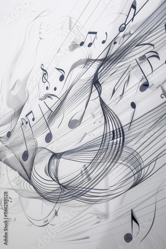 Abstract grayscale image of flowing musical notes; perfect for music-themed designs, backgrounds, or website headers.  Elegant and evocative, this design captures the essence of melody and rhythm.
