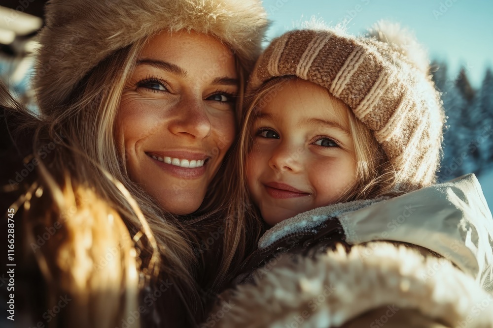 Joyful embrace of a mother and daughter in a winter wonderland Joyful embrace of a mother and daughter in a winter wonderland