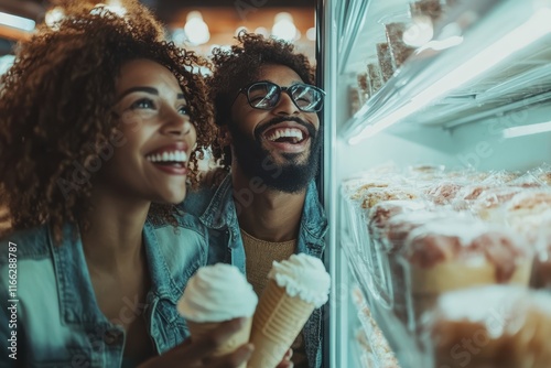 Joyful moments shared over delightful ice cream at a vibrant dessert shop in the evening photo