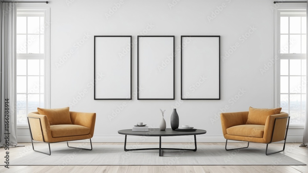 Fototapeta premium living room design with frame, minimalist chairs, white wall