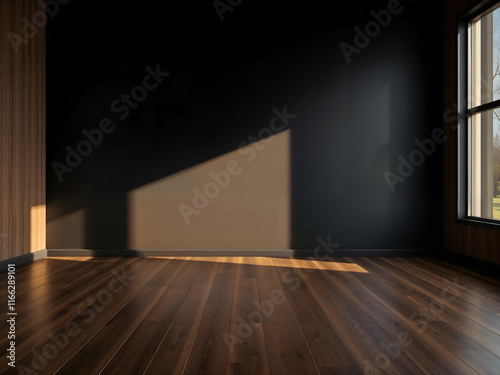 Wallpaper Mural Dark interior with dramatic sunlight casting strong shadow lines, emphasizing mystery and calmness in a minimalist space. Generative AI Torontodigital.ca