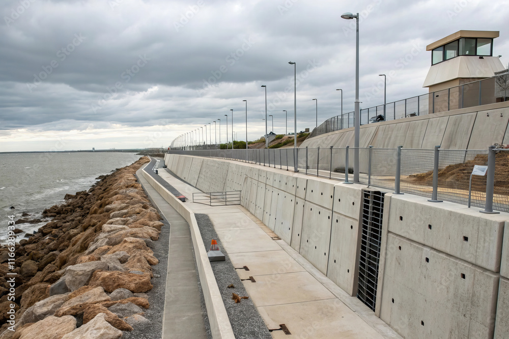 Fototapeta premium resilient infrastructure project designed to protect against flooding, featuring concrete barrier along coastline with watchtower and rocky shoreline
