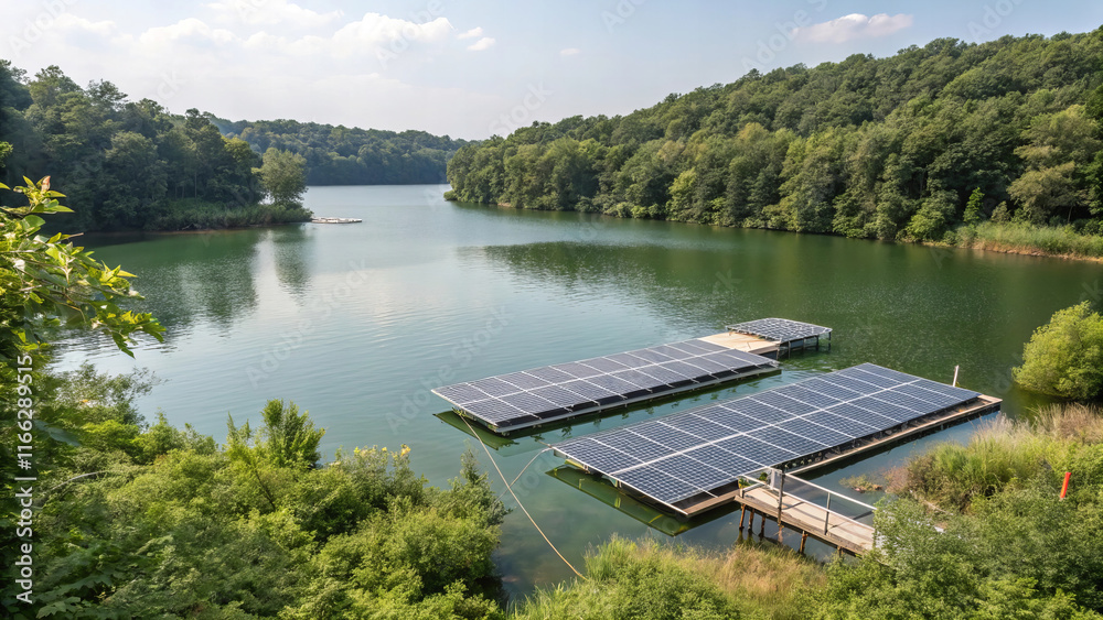 Fototapeta premium serene lake with solar panels on floating dock, surrounded by lush greenery and trees, reflecting commitment to sustainable energy and nature conservation