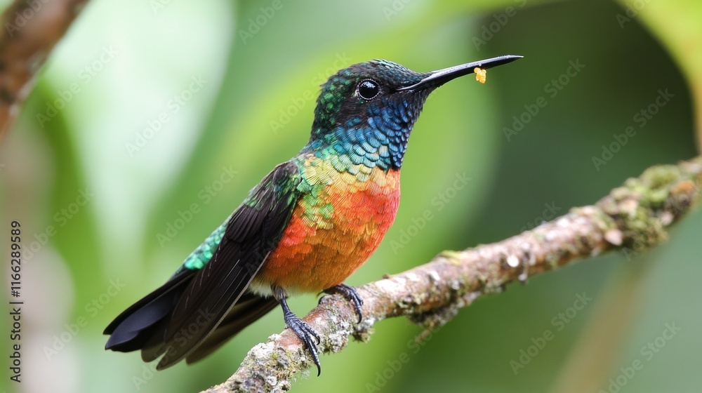 Fototapeta premium A colorful hummingbird perched on a branch, holding a small insect.
